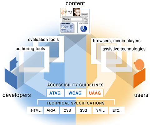 illustration of how the guidelines relate, described at www.w3.org/WAI/ut3/intro/components-desc#guide