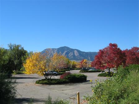 The Flatirons view from the office parking lot