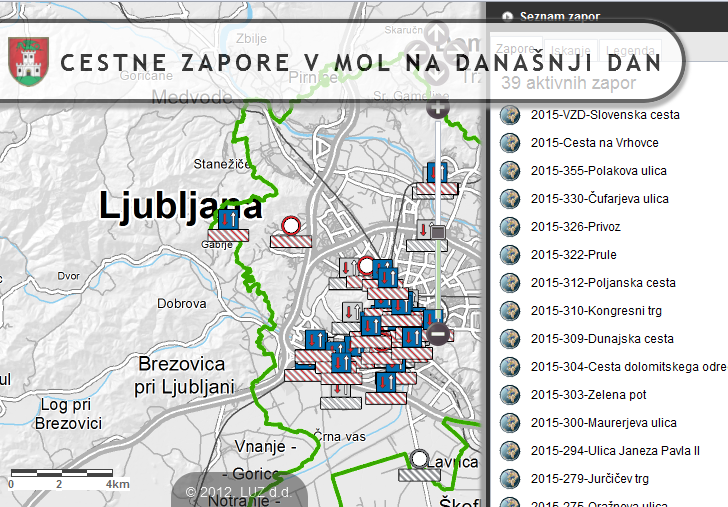 Screenshot of web applicaion showing current roadblocks in Lubljana