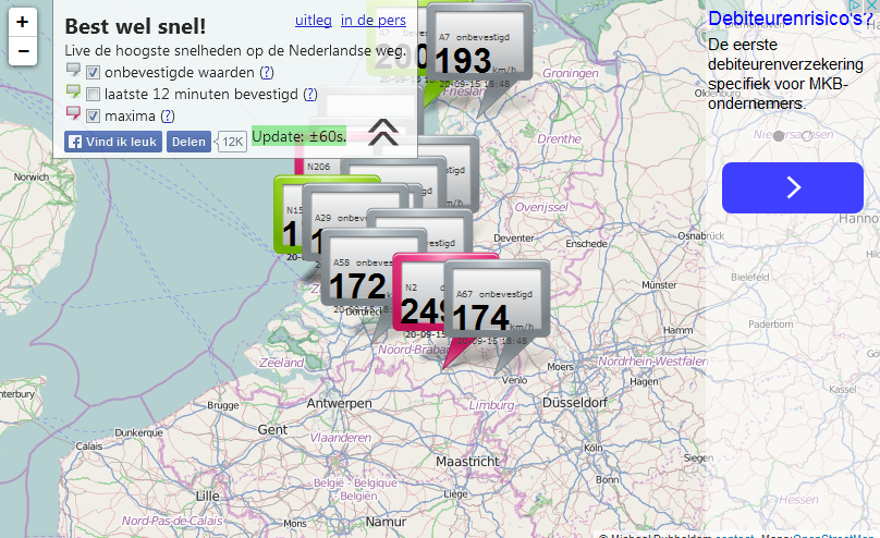 Screenshot of web applicaion showing current average road speeds in the Netherlands