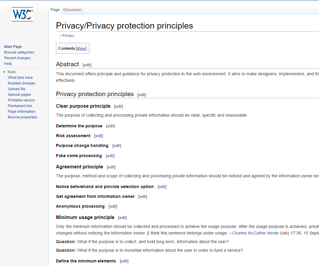 Screenshot of work underway to define privacy protection principles