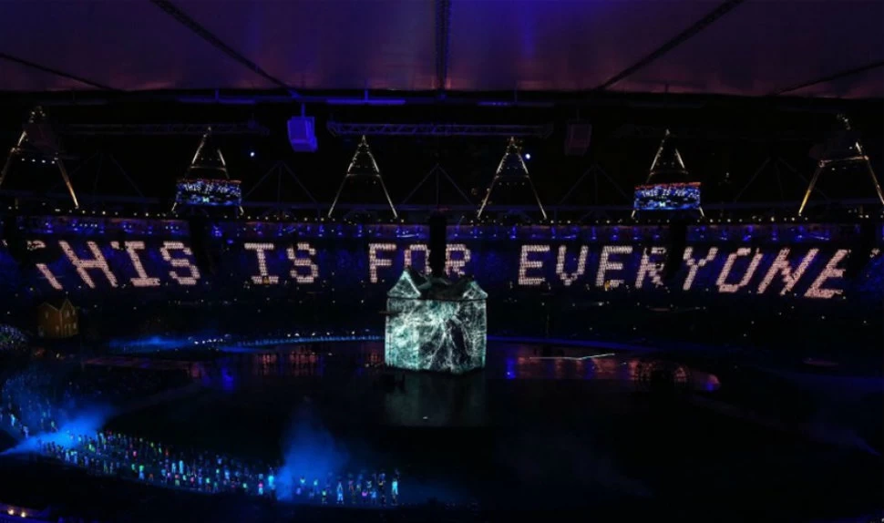 London Olympics opening ceremony, stadium lighting up with 'this is for everyone'