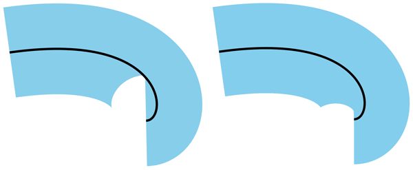Two versions of a curved line with a thick stroke. The line ends in a sharp hook, that causes the stroke to curve over itself. In one version, the overlap is instead drawn as a cut-out arc segment.