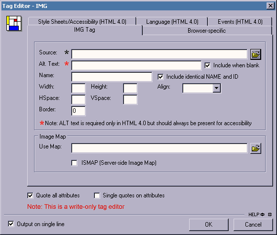 Screenshot of Homesite image tag editor includes red asterix to explantory note beside alt-text field