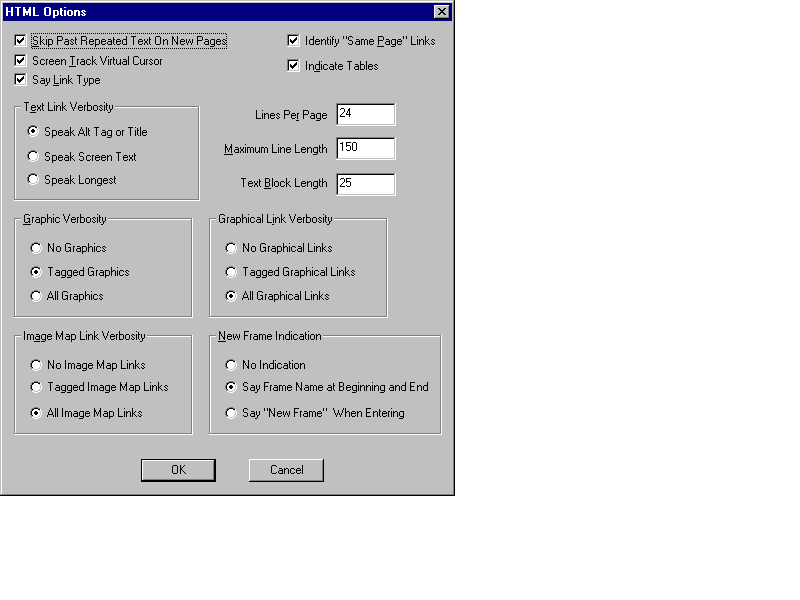 Jaws for Windows HTML Options menu, which allows configuration of a number of link rendering options