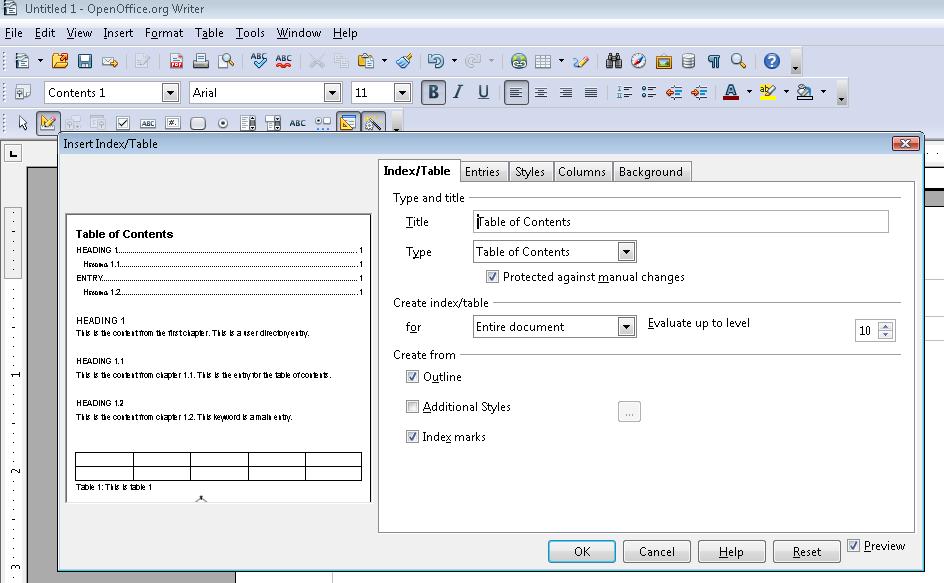 link table of contents in word